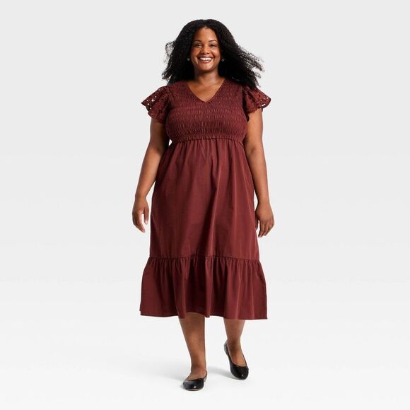 Universal Thread Dresses & Skirts - Open Box - Universal Thread - Women's Flutter Short Sleeve Smocked Mi Maroon